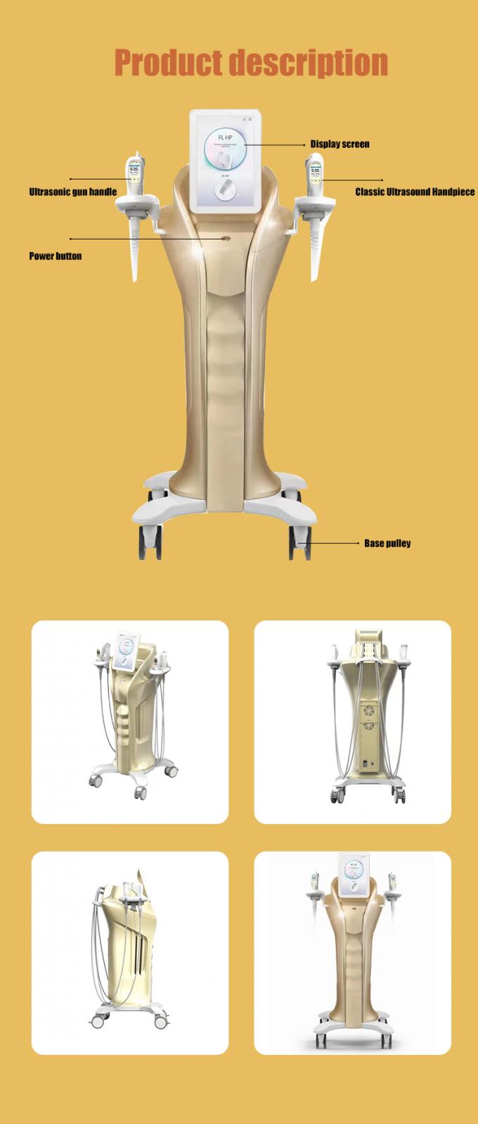 M&aacute;quina multifuncional MFU RF HIFU para aperto e levantamento da pele do rosto e do corpo com 4 al&ccedil;as e 10 cartuchos